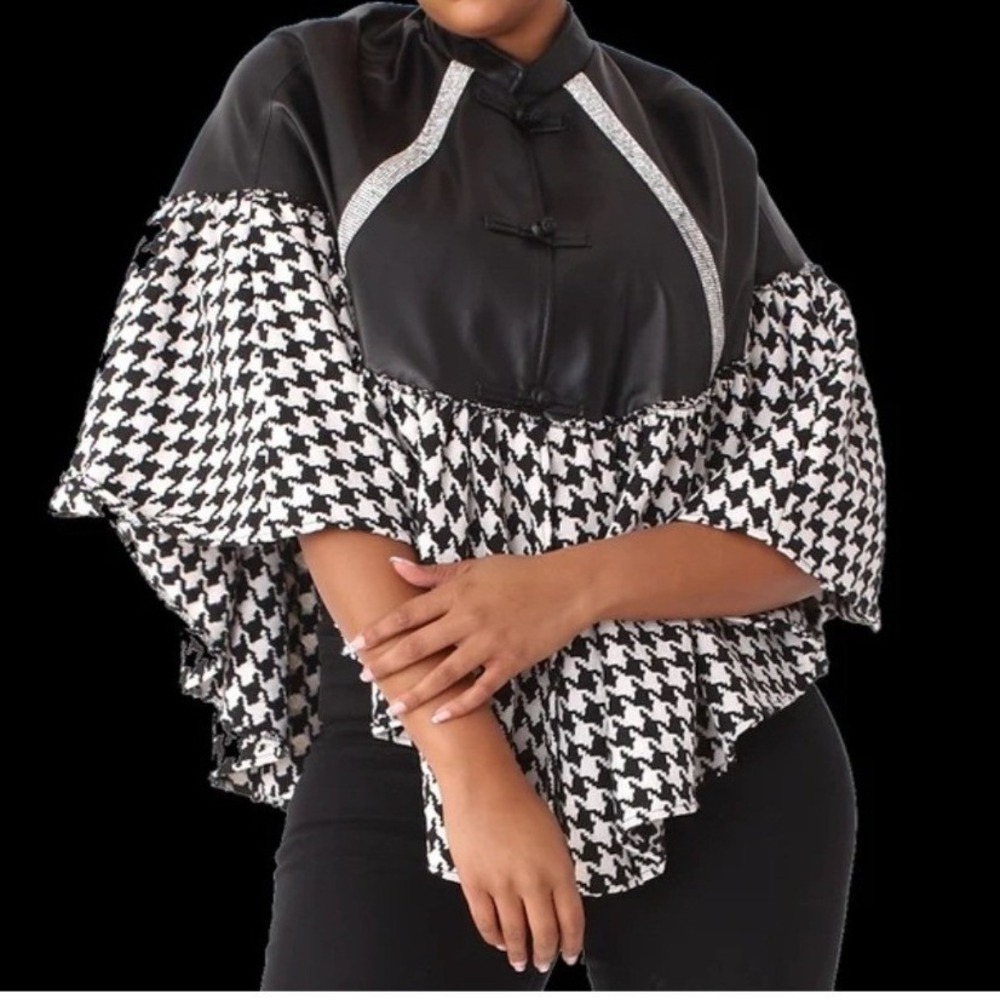 For Her NYC Faux Leather Houndstooth Cape Top Rhinestone Frog Closure Sz S/M EUC